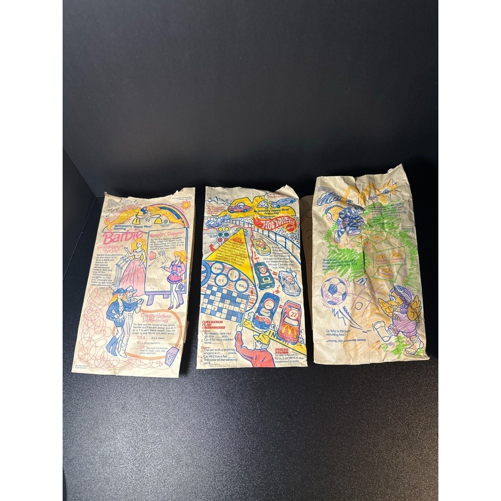 Lot of‎ 3 Vintage McDonald's Happy Meal Bags 1991 & 1993 Barbie Hot Wheels